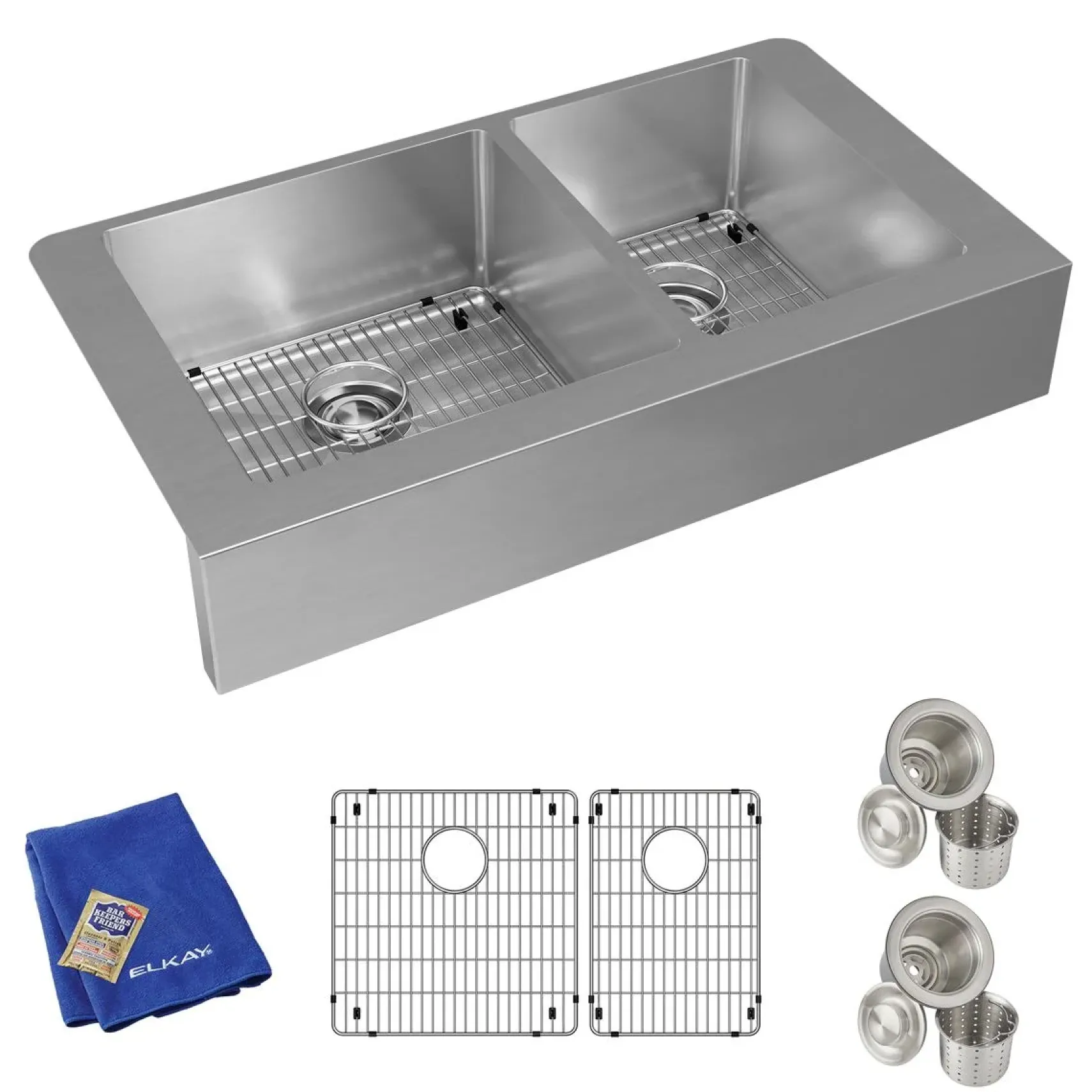 Elkay Crosstown 36" Stainless Steel Farmhouse Kitchen Sink, 60/40 Double Bowl, 18 Gauge, Polished Satin, ECTRUF32179RC