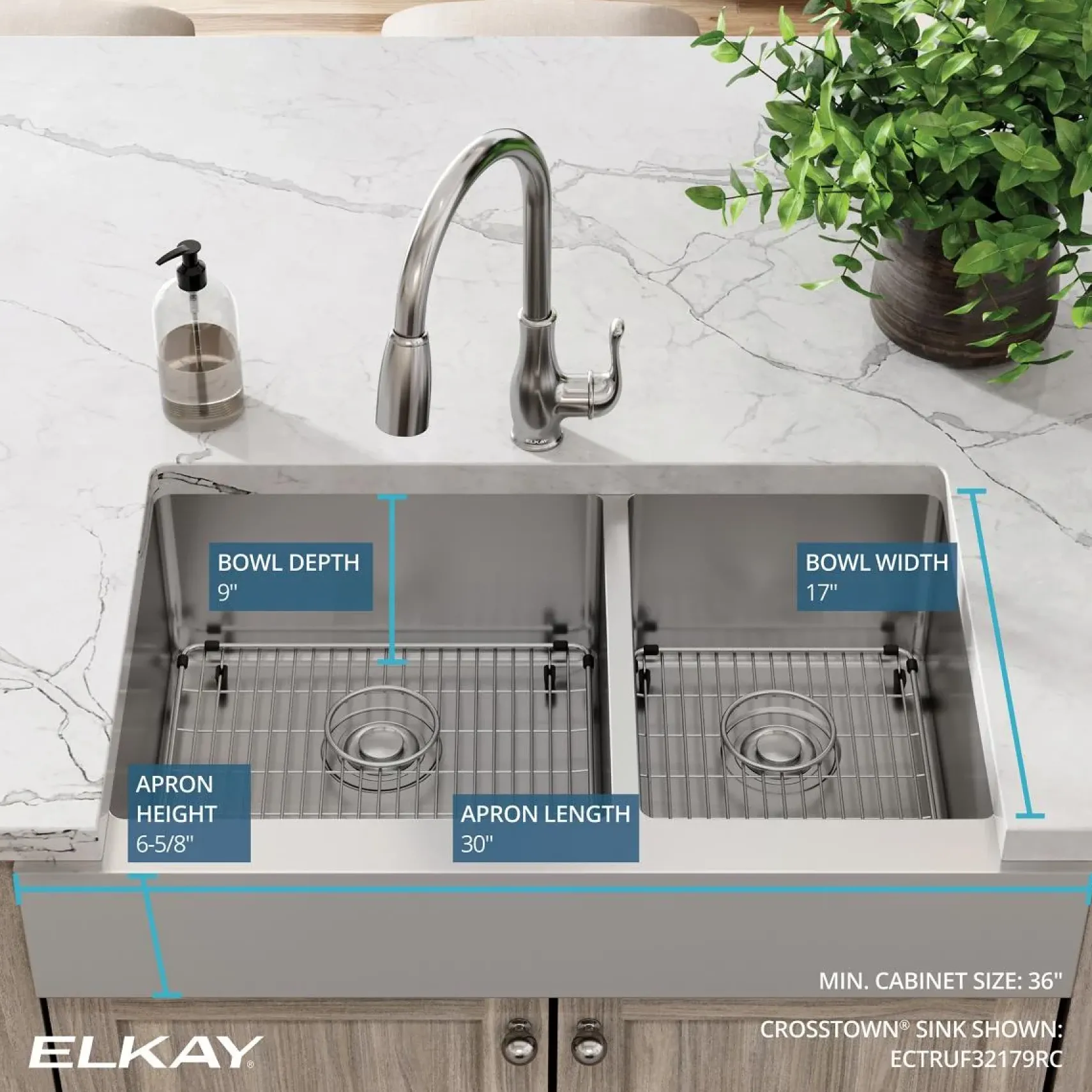 Elkay Crosstown 36" Stainless Steel Farmhouse Kitchen Sink, 60/40 Double Bowl, 18 Gauge, Polished Satin, ECTRUF32179RC