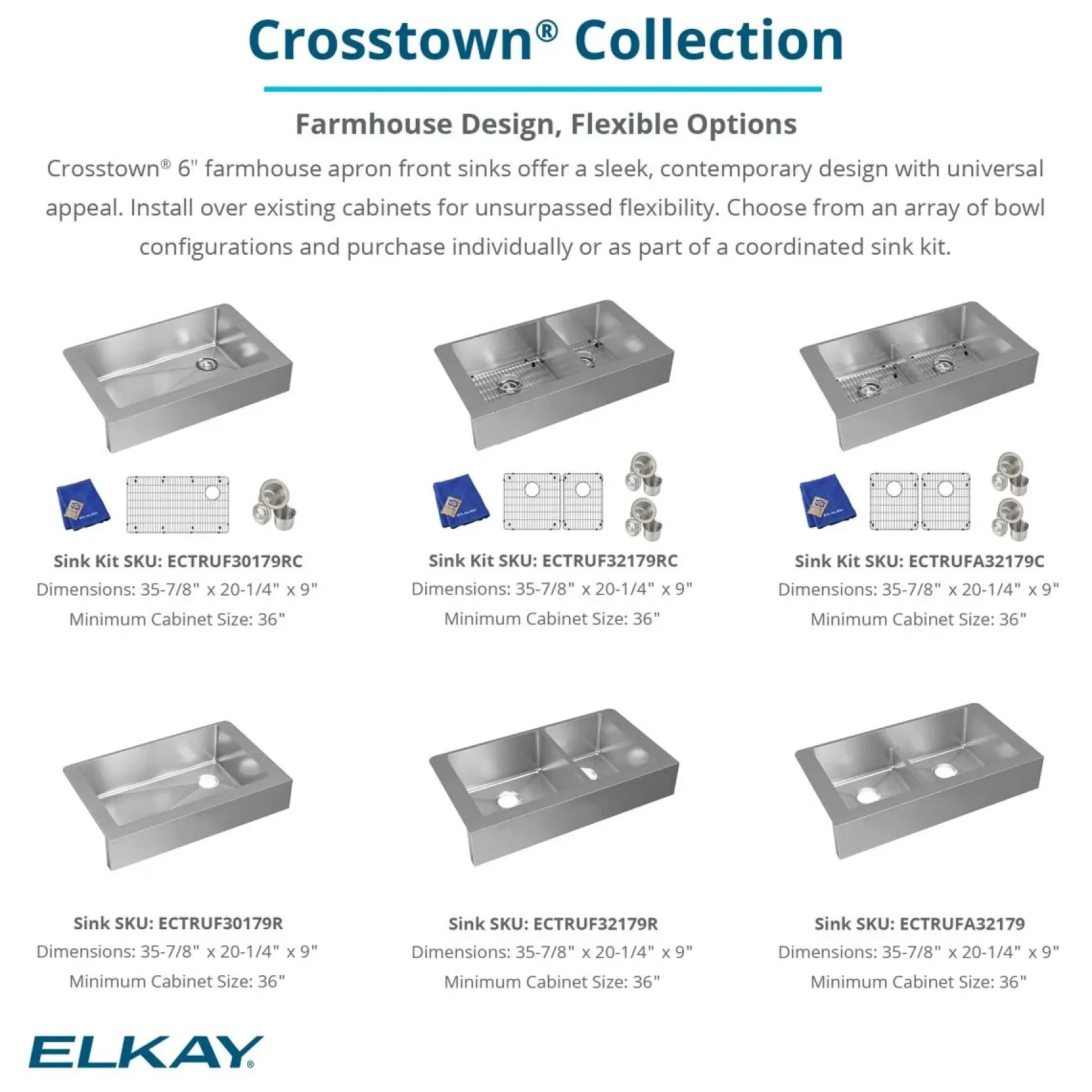 Elkay Crosstown 36" Stainless Steel Farmhouse Kitchen Sink, 18 Gauge, Polished Satin, ECTRUF30179RC