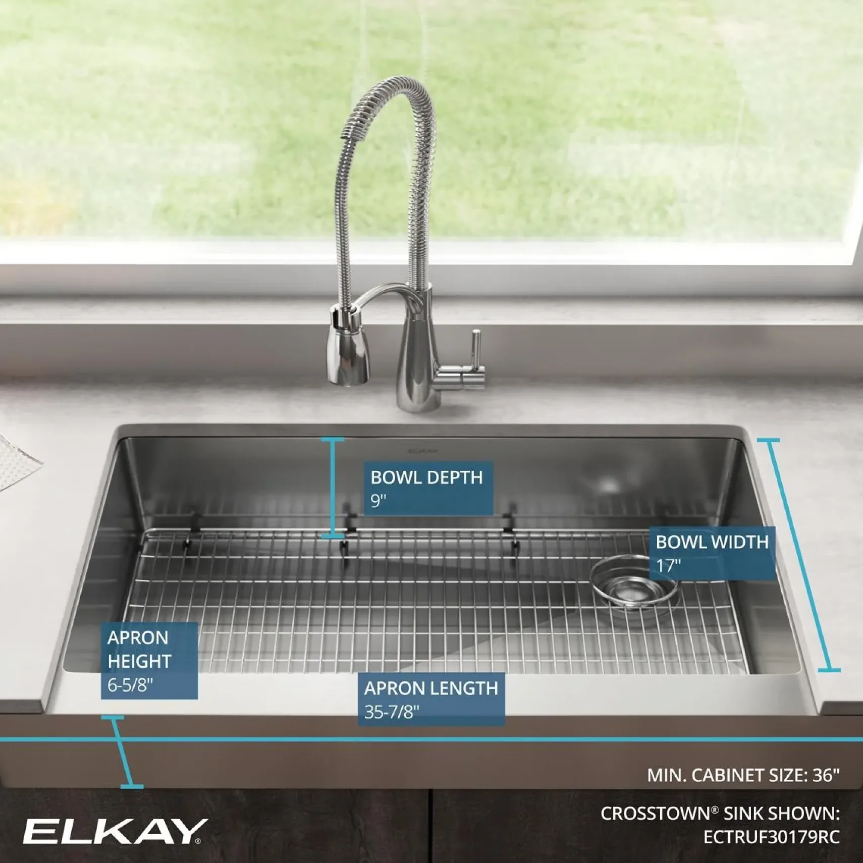 Elkay Crosstown 36" Stainless Steel Farmhouse Kitchen Sink, 18 Gauge, Polished Satin, ECTRUF30179RC
