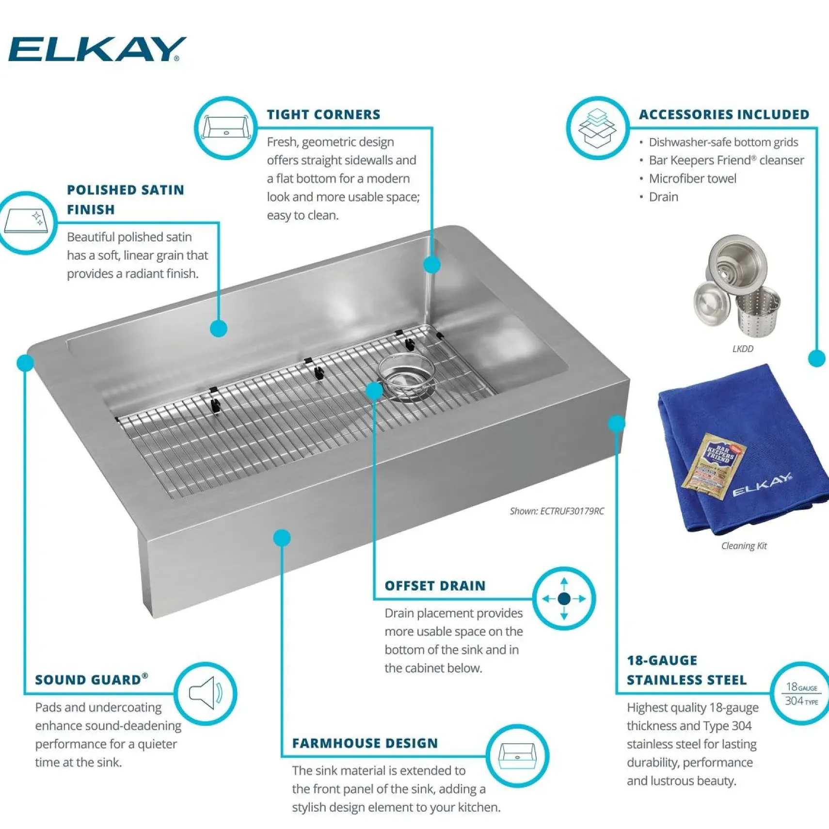 Elkay Crosstown 36" Stainless Steel Farmhouse Kitchen Sink, 18 Gauge, Polished Satin, ECTRUF30179RC