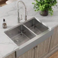 Elkay Crosstown 36" Stainless Steel Farmhouse Sink with Faucet, 60/40 Double Bowl, Polished Satin, 18 Gauge, ECTRUF32179RFBC