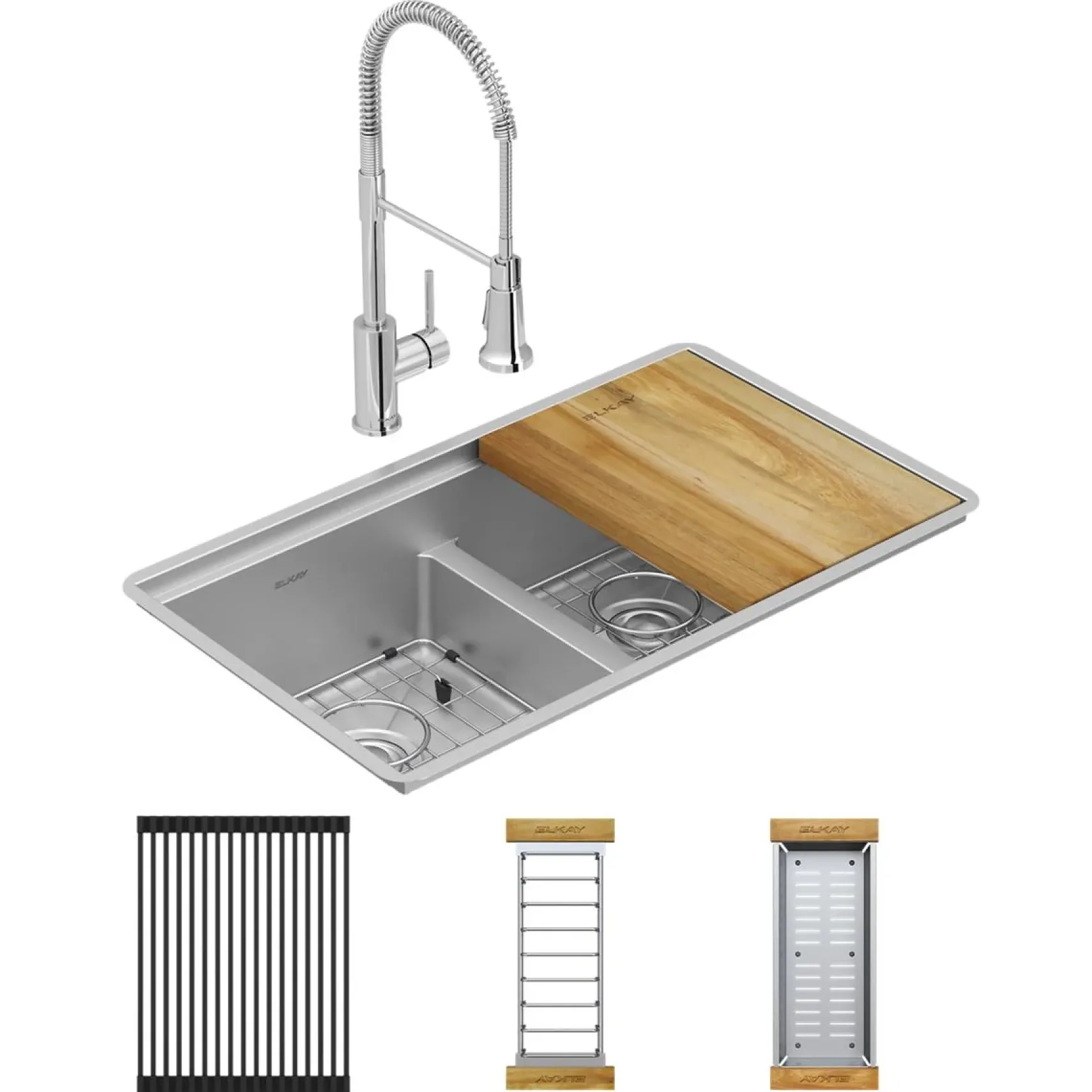 Elkay Crosstown 32" Undermount Stainless Steel Workstation Kitchen Sink with Faucet, 50/50 with Aqua Divide Double Bowl, Polished Satin, 18 Gauge, ECTRUA31169TFCW
