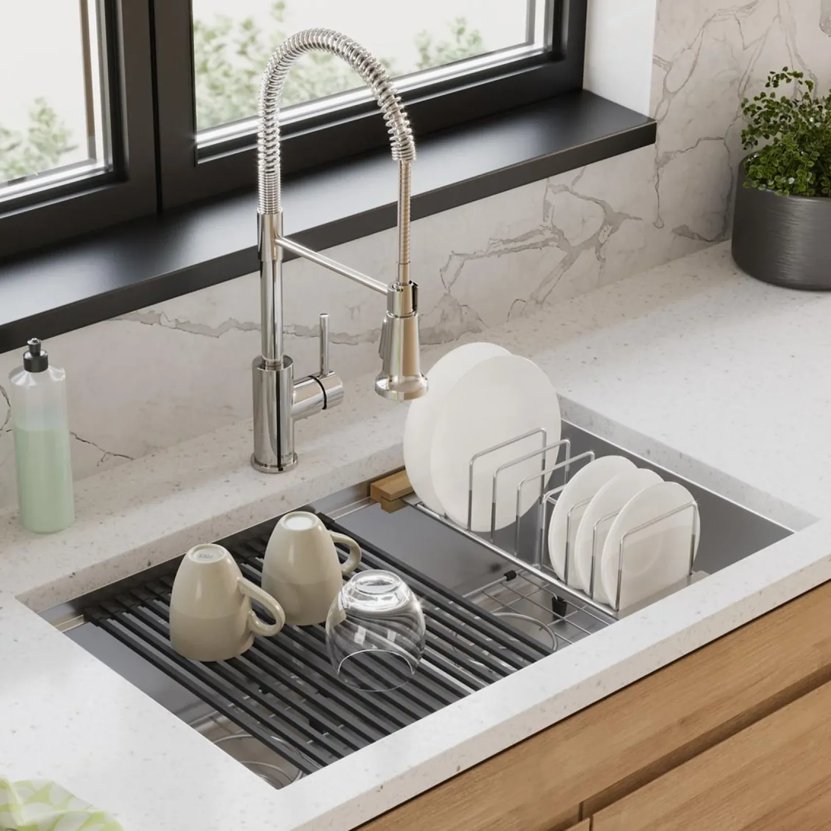 Elkay Crosstown 32" Undermount Stainless Steel Workstation Kitchen Sink with Faucet, 50/50 with Aqua Divide Double Bowl, Polished Satin, 18 Gauge, ECTRUA31169TFCW