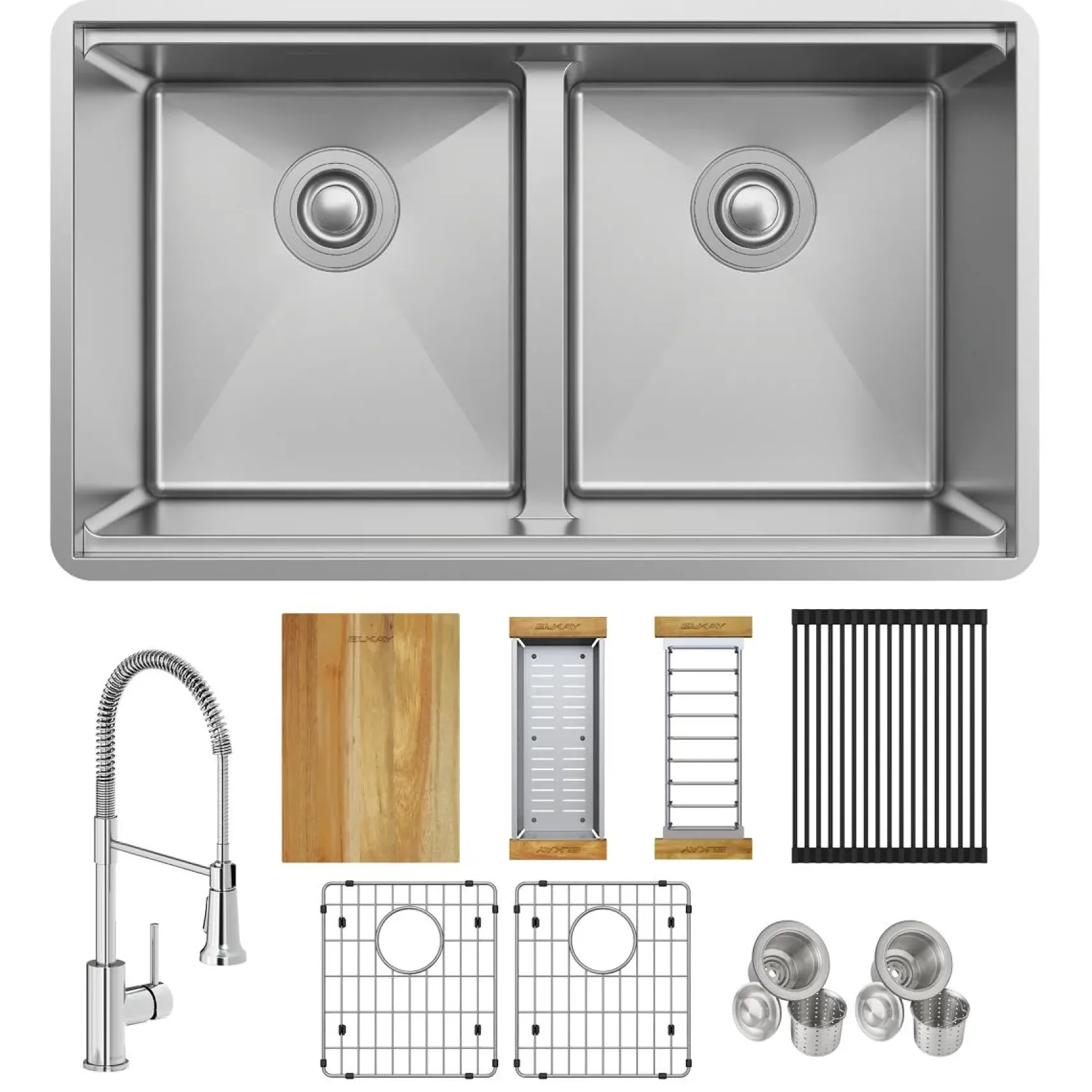 Elkay Crosstown 32" Undermount Stainless Steel Workstation Kitchen Sink with Faucet, 50/50 with Aqua Divide Double Bowl, Polished Satin, 18 Gauge, ECTRUA31169TFCW