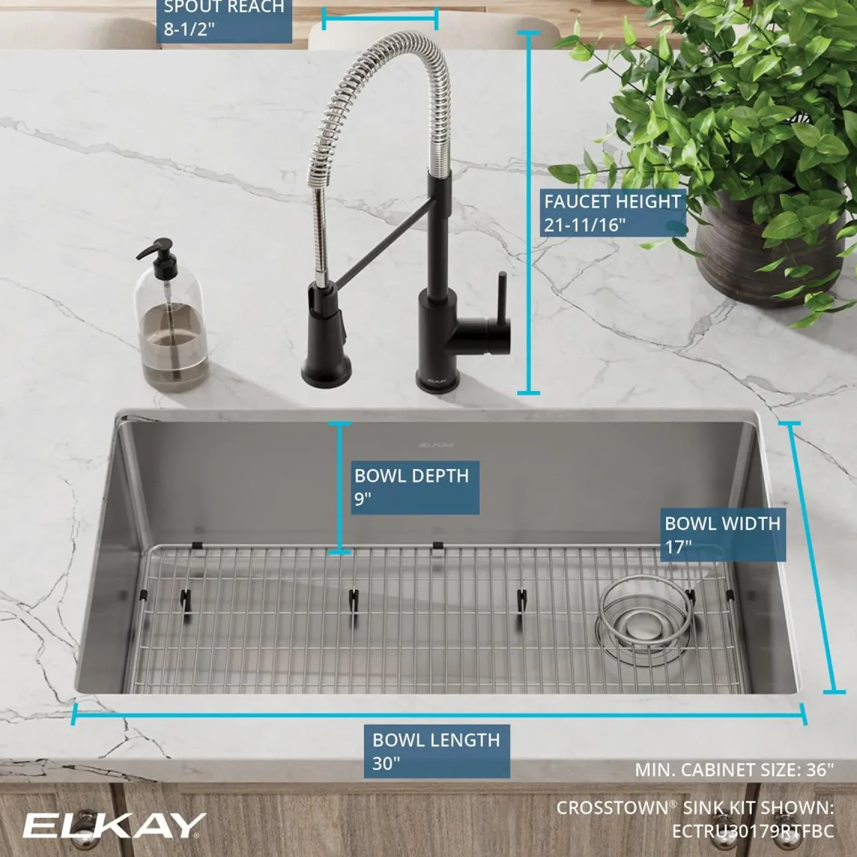 Elkay Crosstown 32" Undermount Stainless Steel Kitchen Sink with Faucet, Polished Satin, 18 Gauge, ECTRU30179RTFBC