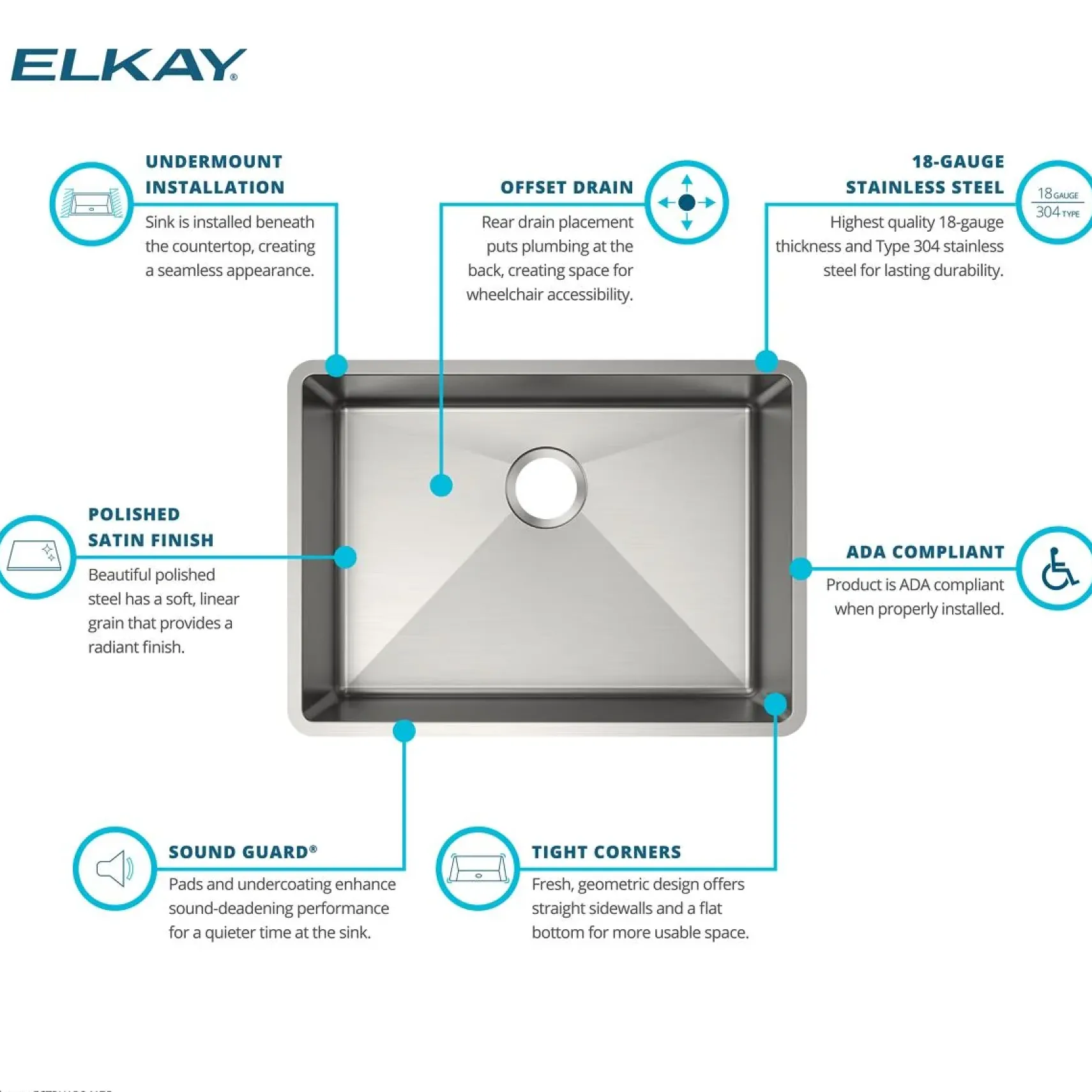 Elkay Crosstown 26" Undermount Stainless Steel ADA Kitchen Sink, Polished Satin, 18 Gauge, ECTRUAD241755