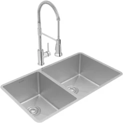 Elkay Crosstown 32" Undermount Stainless Steel Kitchen Sink with Faucet, 40/60 Double Bowl, Polished Satin, 18 Gauge, ECTRU32179LTFCC