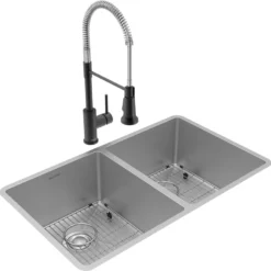 Elkay Crosstown 32" Undermount Stainless Steel Kitchen Sink with Faucet, 50/50 Double Bowl, Polished Satin, 18 Gauge, ECTRU31179TFMBC