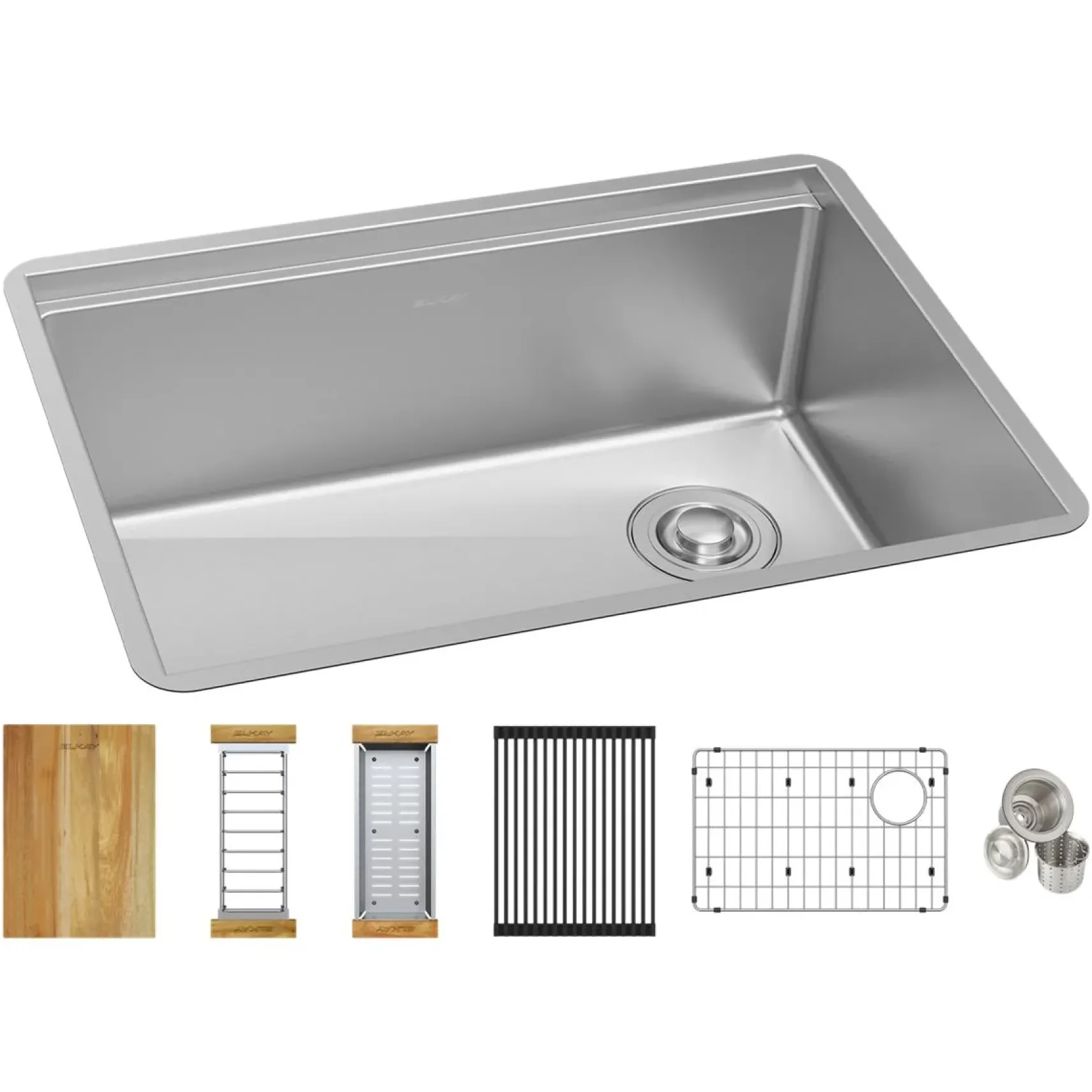 Elkay Crosstown 26" Undermount Stainless Steel Workstation Kitchen Sink Kit with Accessories, Polished Satin, 18 Gauge, ECTRU24169RTWC