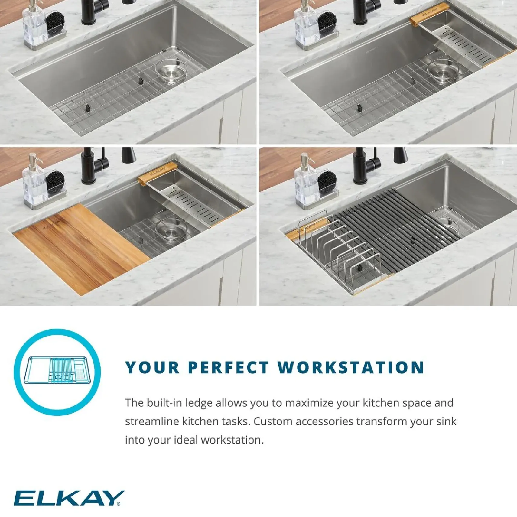 Elkay Crosstown 26" Undermount Stainless Steel Workstation Kitchen Sink Kit with Accessories, Polished Satin, 18 Gauge, ECTRU24169RTWC