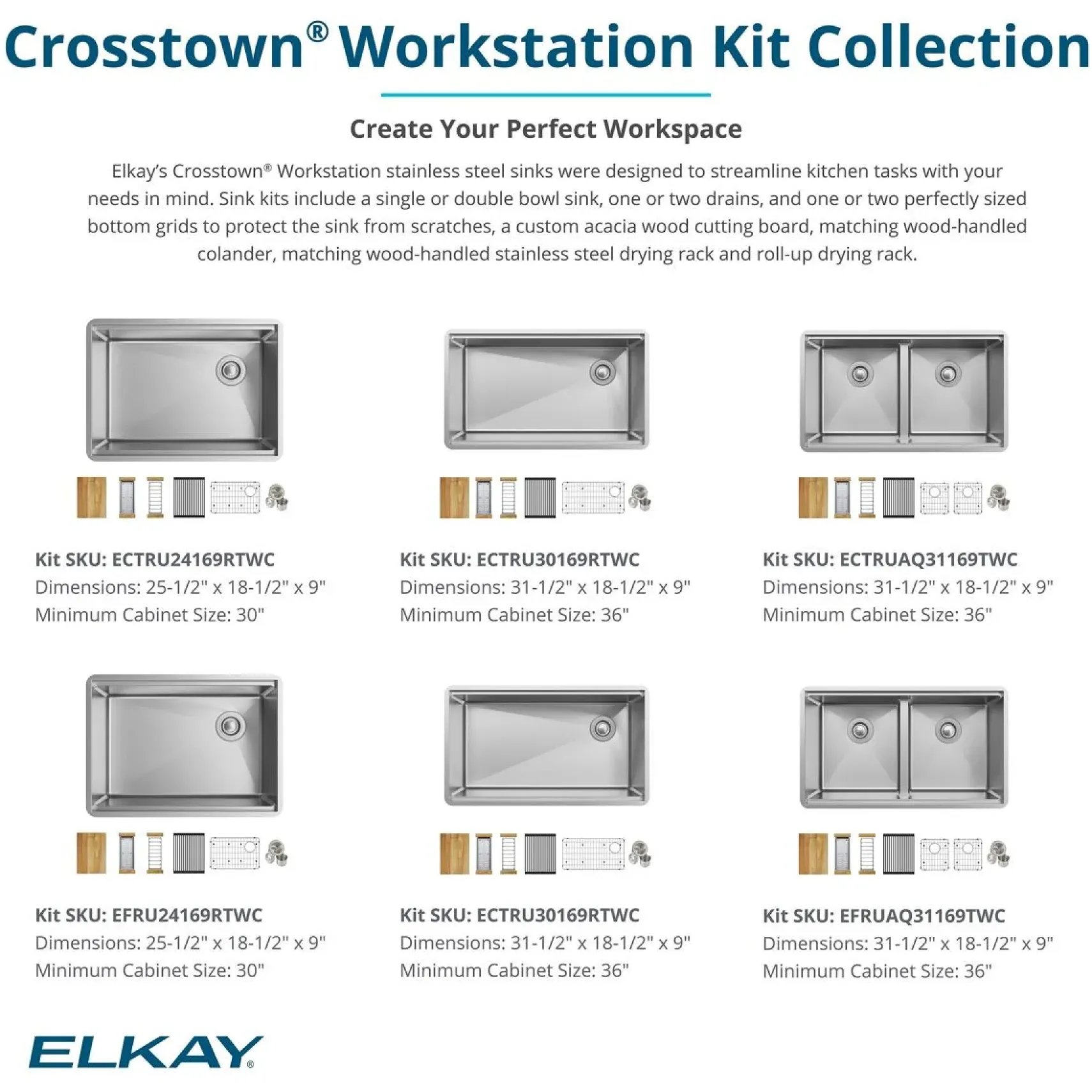 Elkay Crosstown 26" Undermount Stainless Steel Workstation Kitchen Sink Kit with Accessories, Polished Satin, 18 Gauge, ECTRU24169RTWC