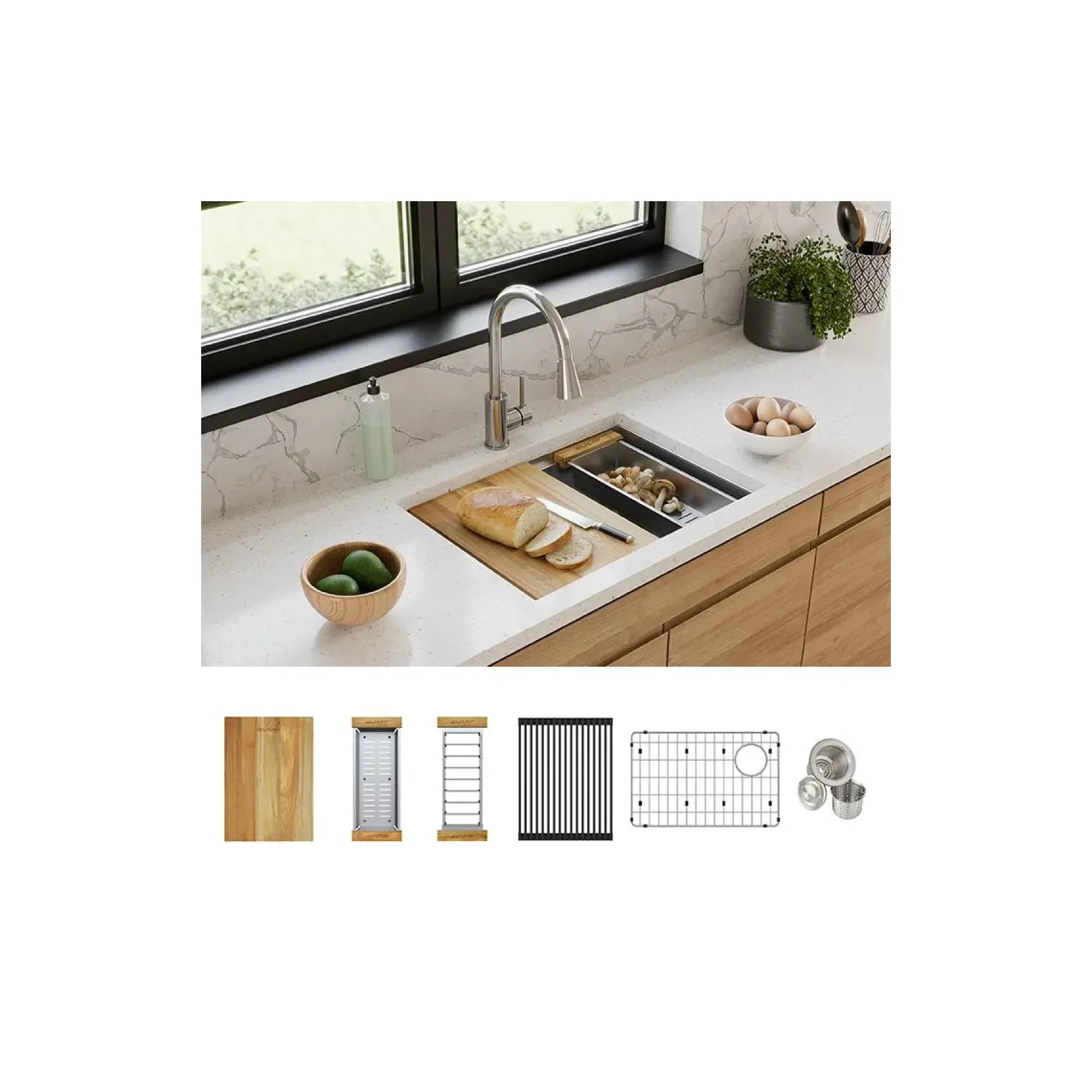 Elkay Crosstown 26" Undermount Stainless Steel Workstation Kitchen Sink Kit with Accessories, Polished Satin, 18 Gauge, ECTRU24169RTWC