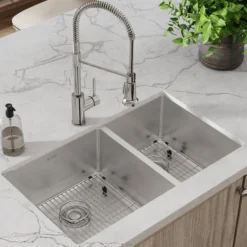 Elkay Crosstown 32" Undermount Stainless Steel Kitchen Sink with Faucet, 60/40 Double Bowl, Polished Satin, 18 Gauge, ECTRU32179RTFBC