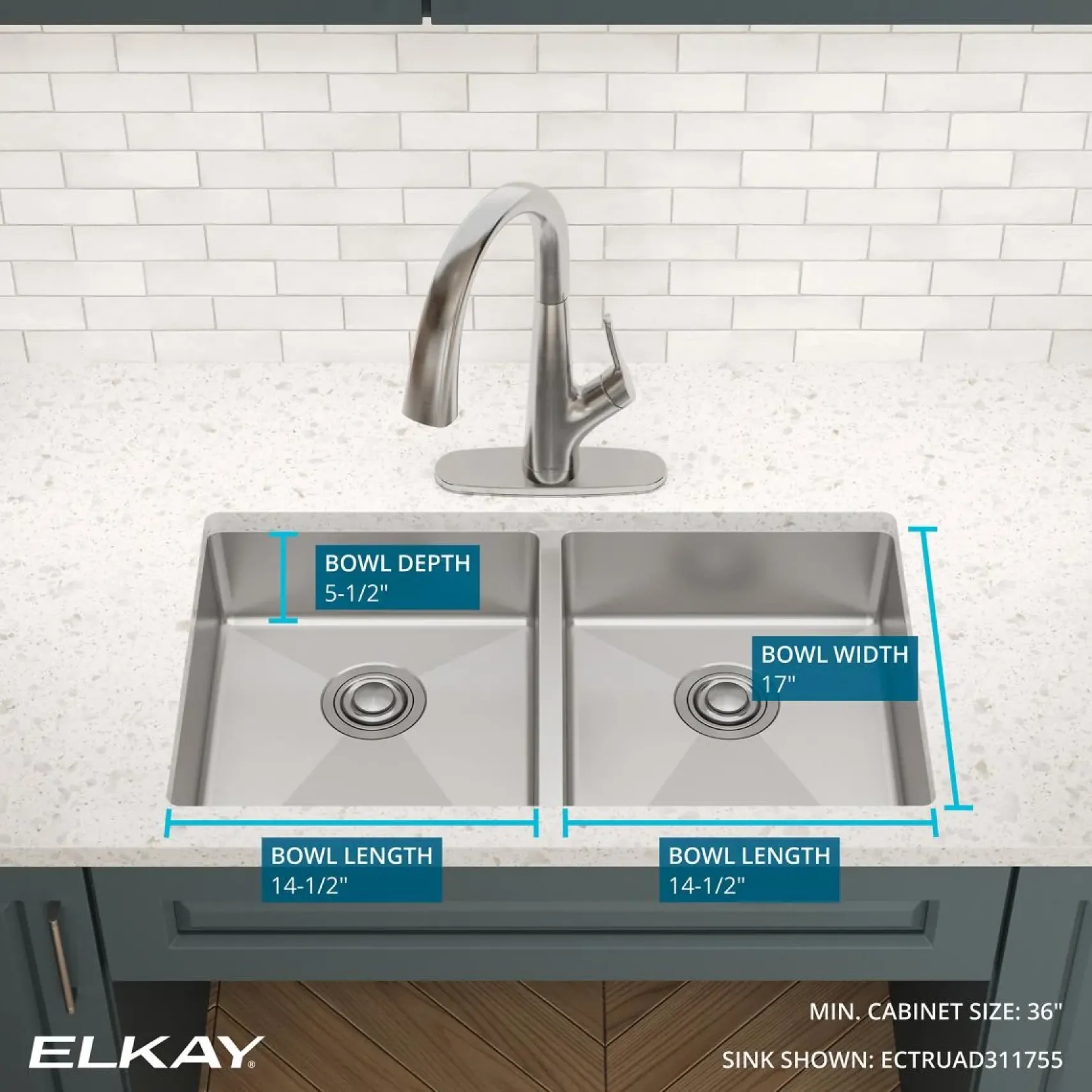 Elkay Crosstown 32" Undermount Stainless Steel ADA Kitchen Sink, 50/50 Double Bowl, Polished Satin, 18 Gauge, ECTRUAD311755