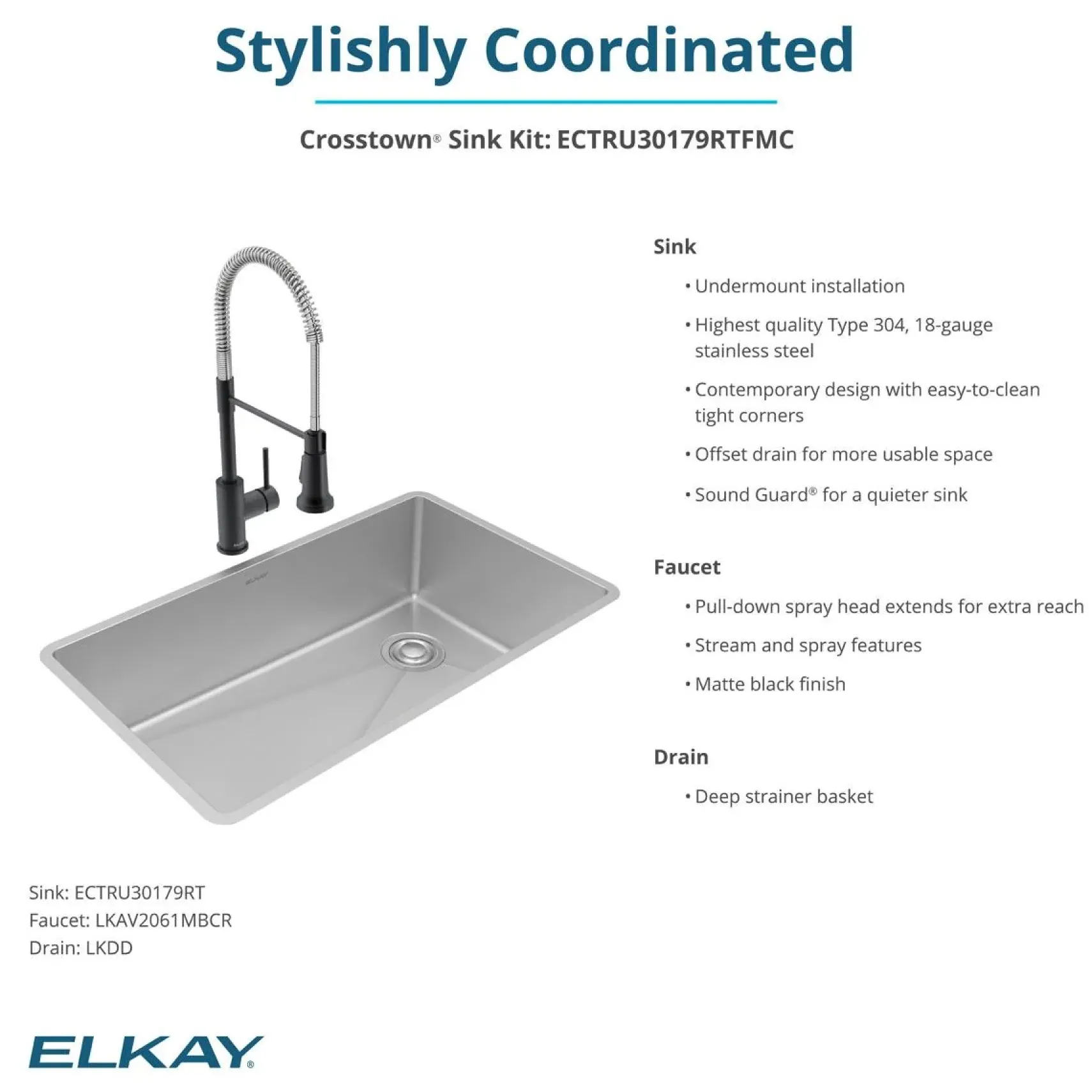 Elkay Crosstown 32" Undermount Stainless Steel Kitchen Sink with Faucet, Polished Satin, 18 Gauge, ECTRU30179RTFMC