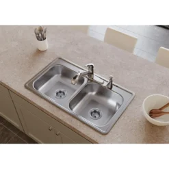 Elkay Dayton 33" Stainless Steel Kitchen Sink, 50/50 Double Bowl, Satin, 4 Faucet Hole, D233194