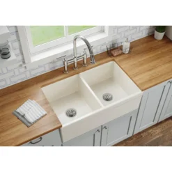 Elkay 33" Fireclay Farmhouse Kitchen Sink, 50/50 Double Bowl, Biscuit, SWUF32189BI