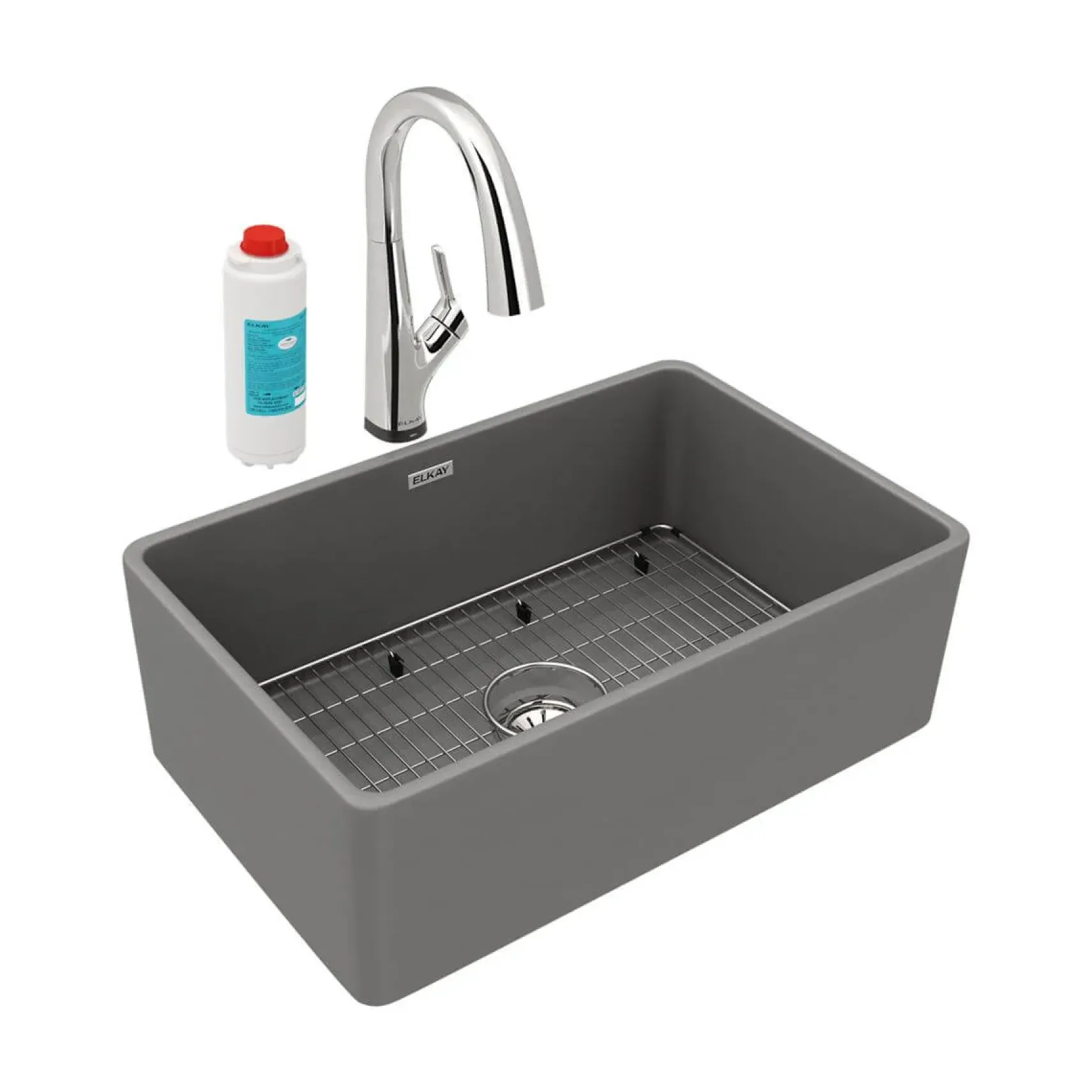 Elkay 30" Fireclay Farmhouse Sink Kit with Faucet, Single Bowl Matte Gray, SWUF28179MGFLC