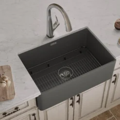 Elkay 30" Fireclay Farmhouse Sink Kit with Faucet, Single Bowl Matte Gray, SWUF28179MGFLC