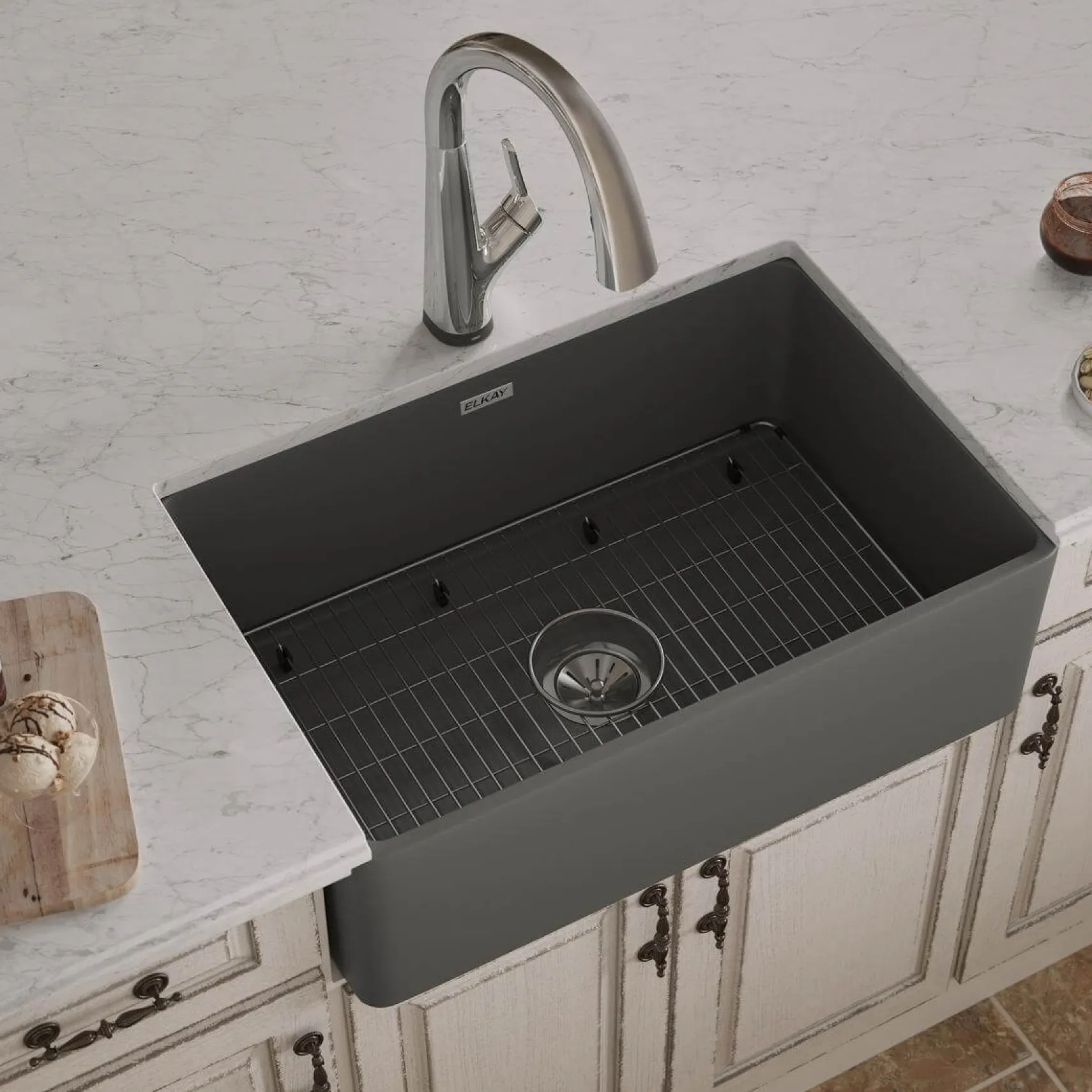 Elkay 30" Fireclay Farmhouse Sink Kit with Faucet, Single Bowl Matte Gray, SWUF28179MGFLC