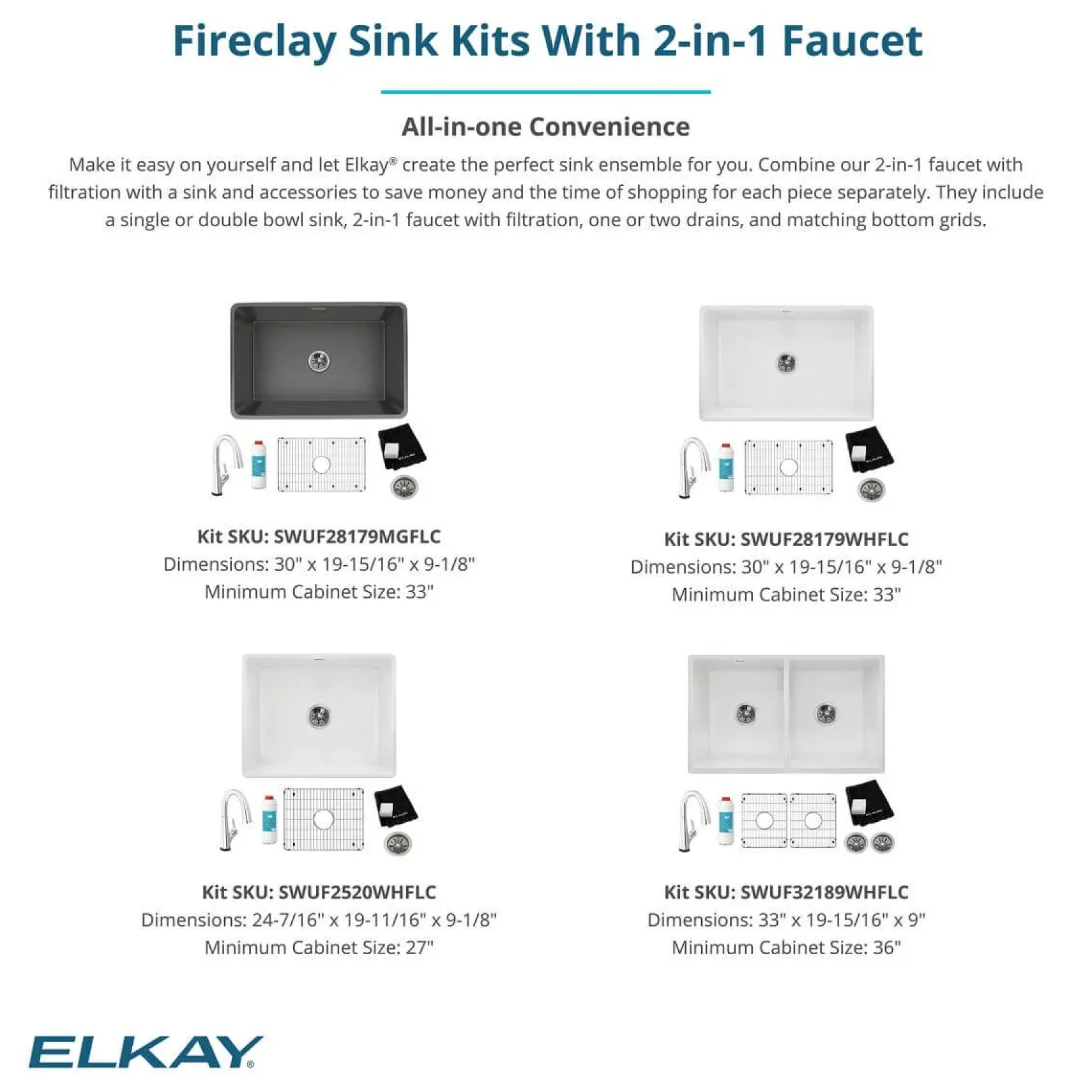 Elkay 30" Fireclay Farmhouse Sink Kit with Faucet, Single Bowl Matte Gray, SWUF28179MGFLC