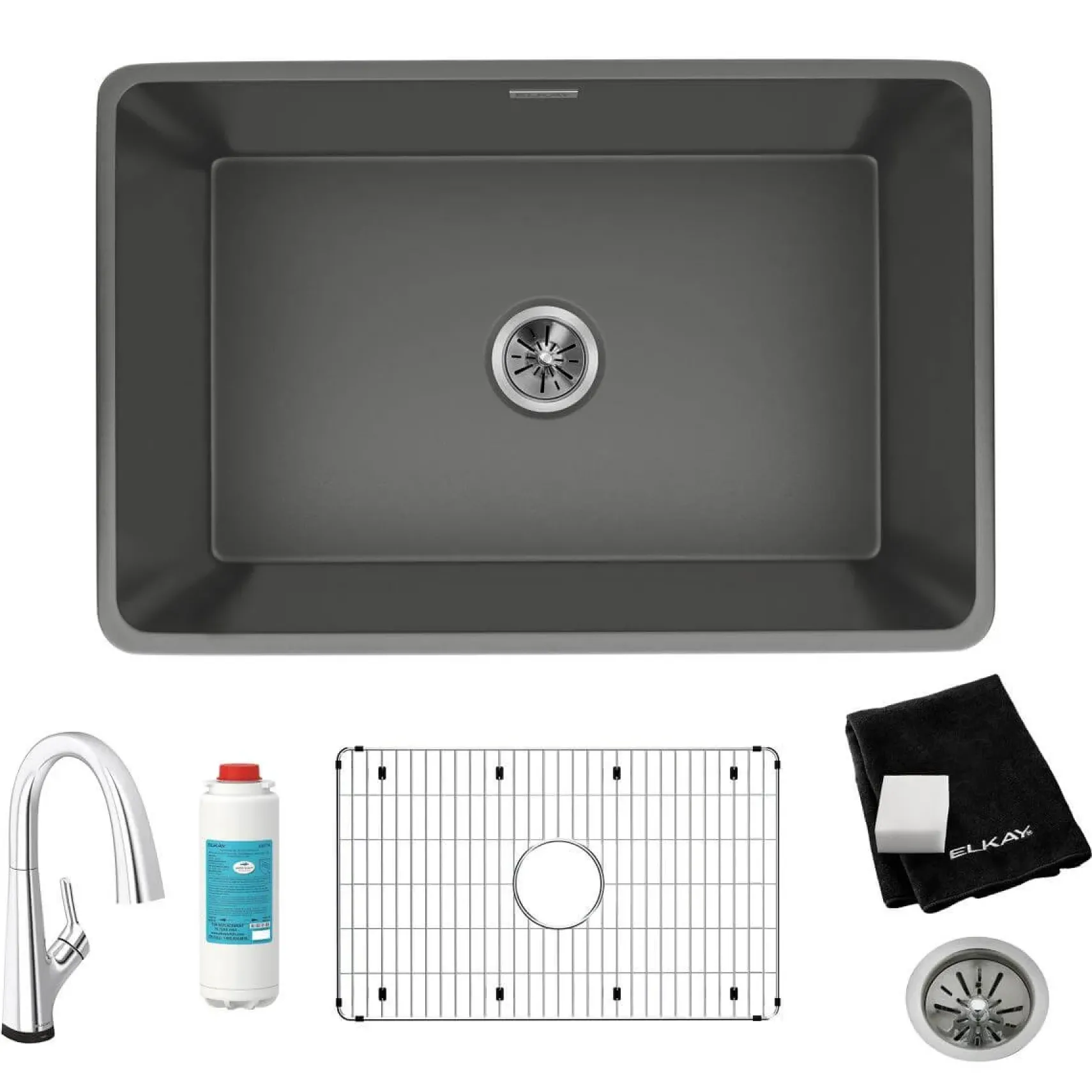 Elkay 30" Fireclay Farmhouse Sink Kit with Faucet, Single Bowl Matte Gray, SWUF28179MGFLC