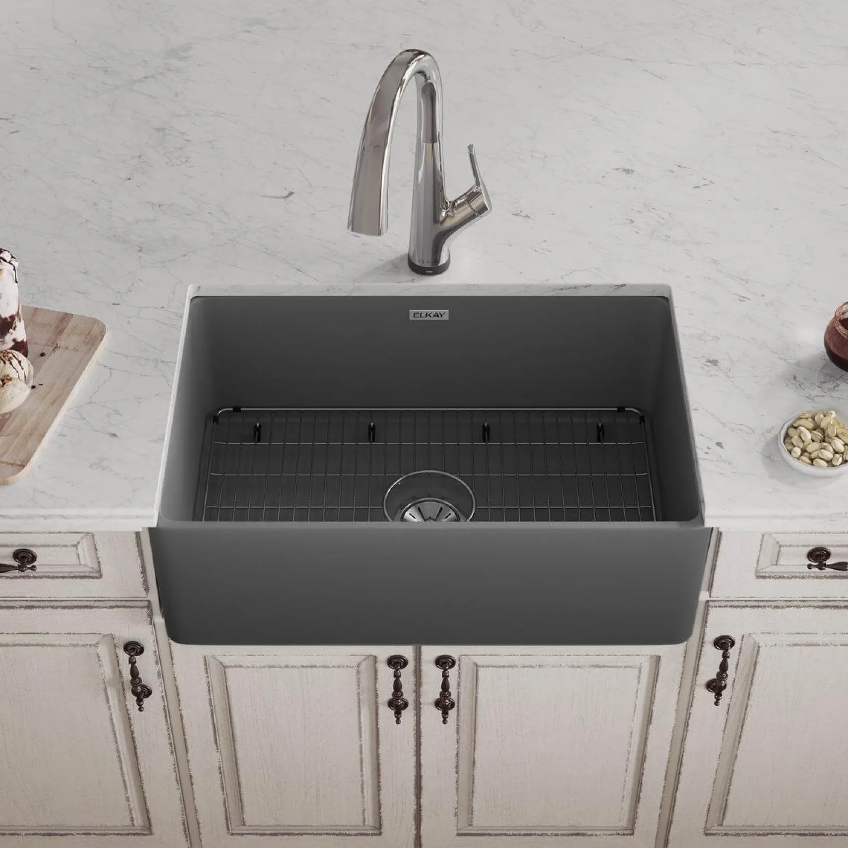 Elkay 30" Fireclay Farmhouse Sink Kit with Faucet, Single Bowl Matte Gray, SWUF28179MGFLC