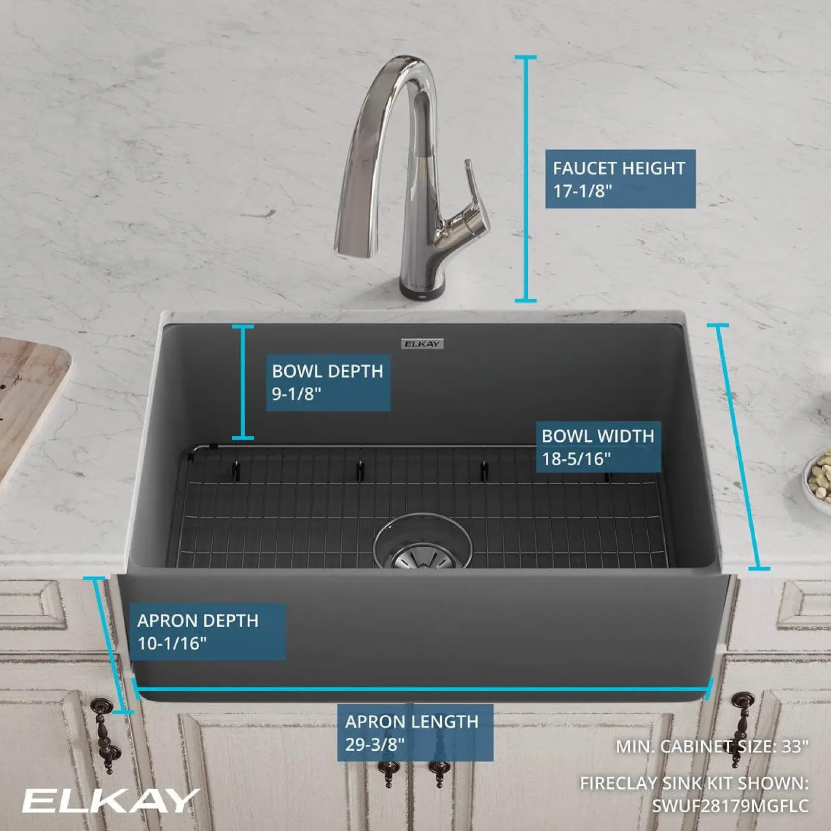 Elkay 30" Fireclay Farmhouse Sink Kit with Faucet, Single Bowl Matte Gray, SWUF28179MGFLC