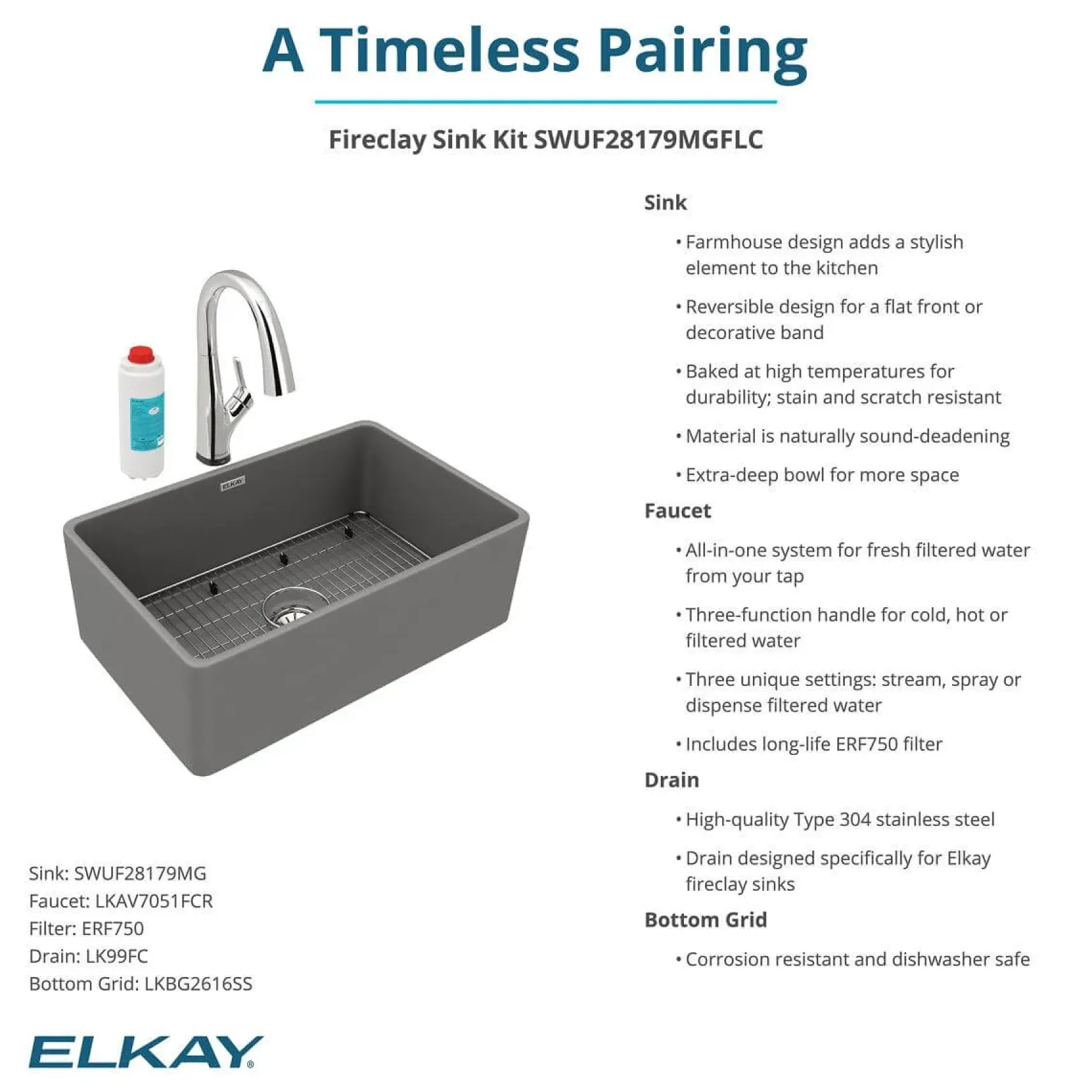 Elkay 30" Fireclay Farmhouse Sink Kit with Faucet, Single Bowl Matte Gray, SWUF28179MGFLC