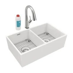 Elkay 33" Fireclay Farmhouse Sink Kit with Faucet, 50/50 Double Bowl, White, SWUF32189WHFLC