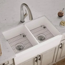 Elkay 33" Fireclay Farmhouse Sink Kit with Faucet, 50/50 Double Bowl, White, SWUF32189WHFLC