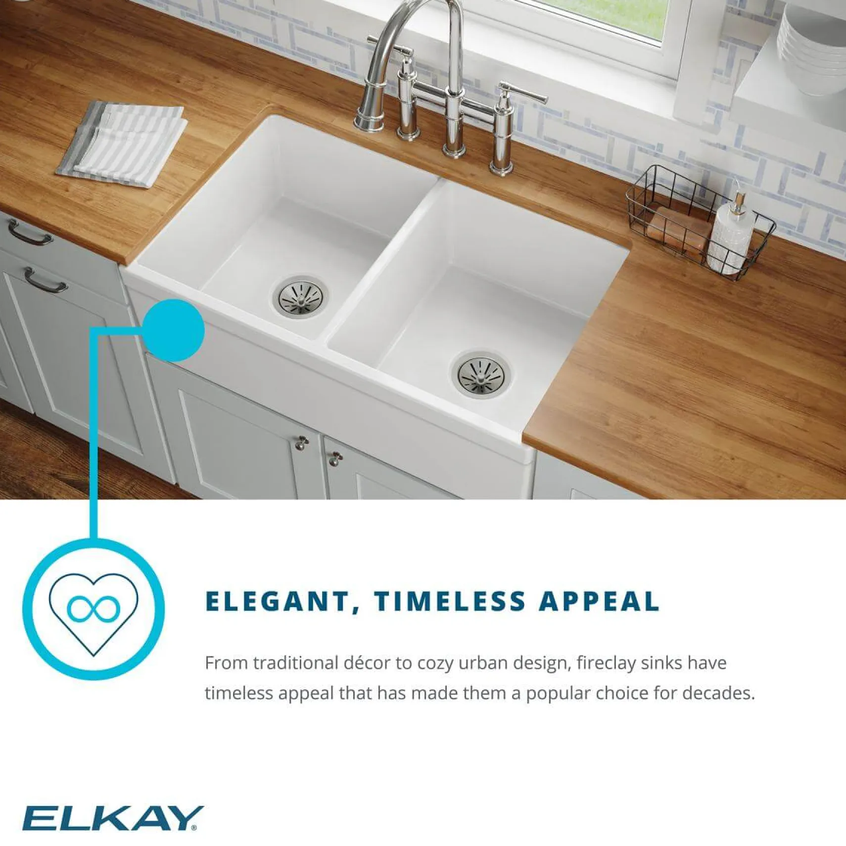 Elkay 33" Fireclay Farmhouse Sink Kit with Faucet, 50/50 Double Bowl, White, SWUF32189WHFLC