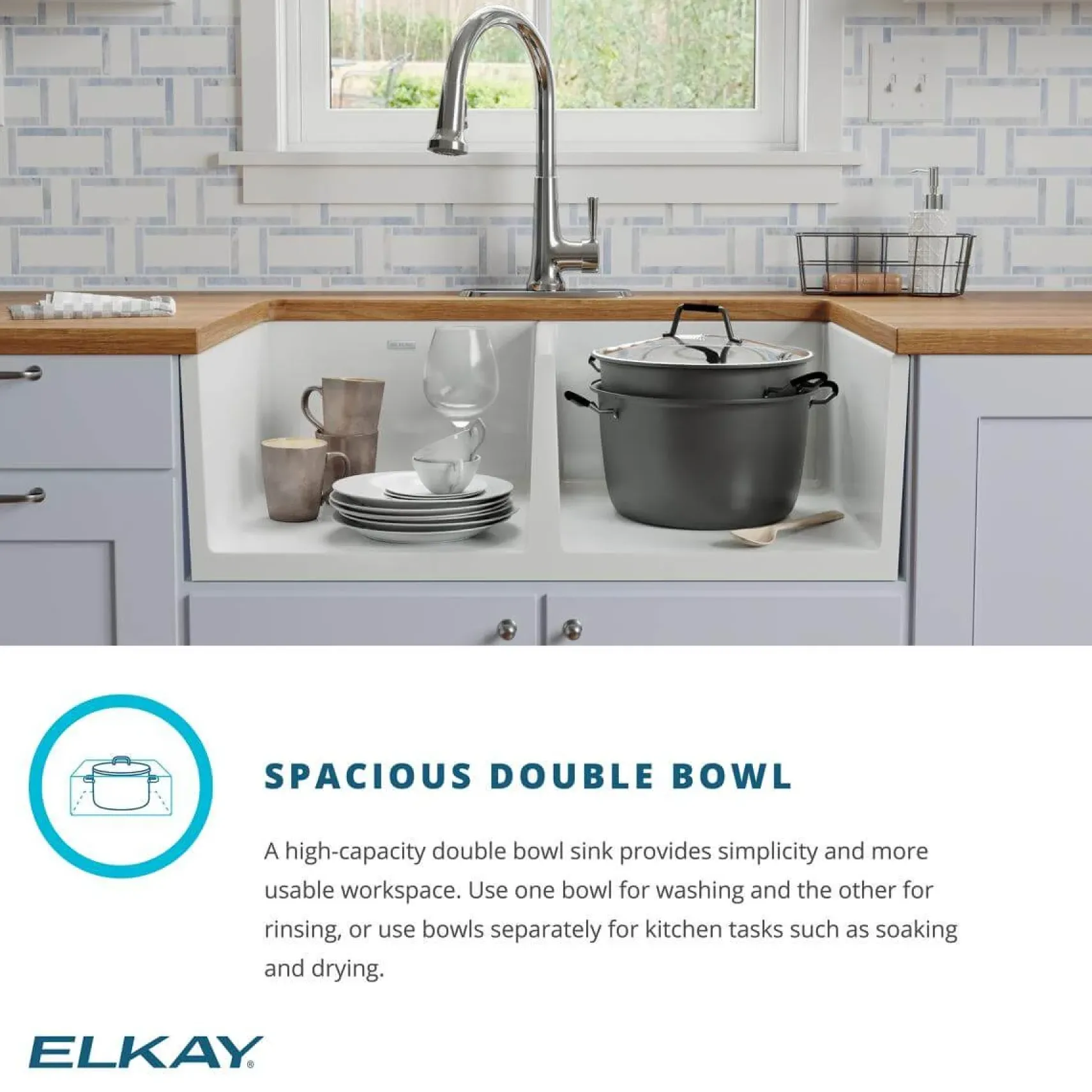 Elkay 33" Fireclay Farmhouse Sink Kit with Faucet, 50/50 Double Bowl, White, SWUF32189WHFLC