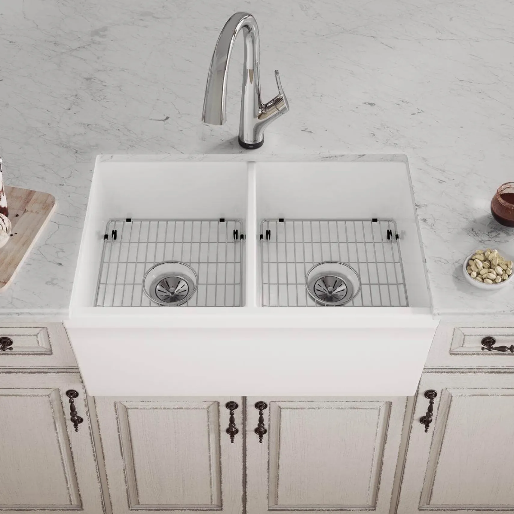 Elkay 33" Fireclay Farmhouse Sink Kit with Faucet, 50/50 Double Bowl, White, SWUF32189WHFLC