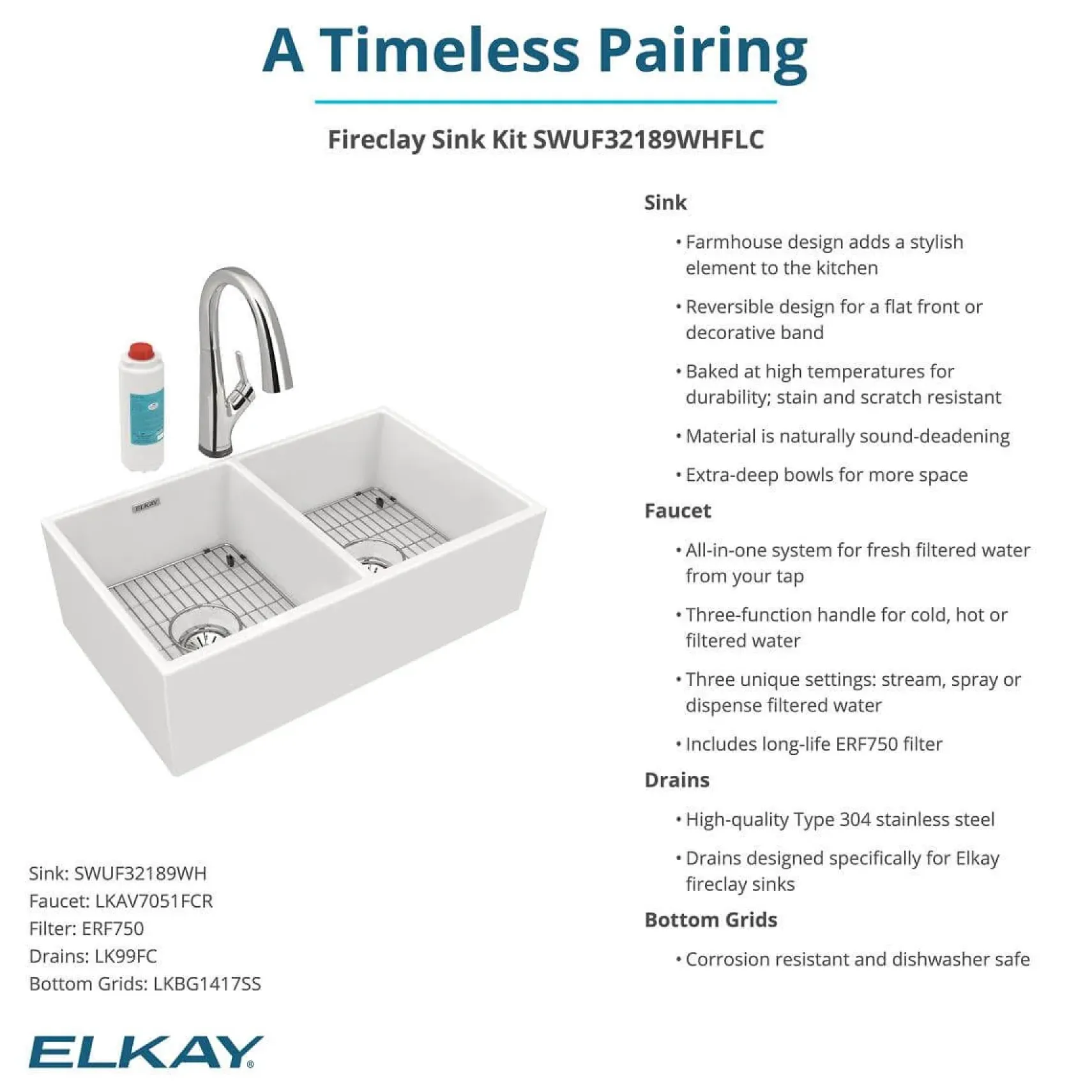 Elkay 33" Fireclay Farmhouse Sink Kit with Faucet, 50/50 Double Bowl, White, SWUF32189WHFLC