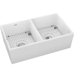 Elkay 33" Fireclay Farmhouse Sink Kit, 50/50 Double Bowl, White, SWUF32189WHC