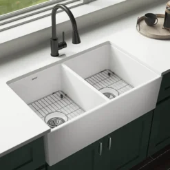 Elkay 33" Fireclay Farmhouse Sink Kit, 50/50 Double Bowl, White, SWUF32189WHC