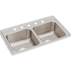 Elkay Lustertone Classic 29" Drop In/Topmount Stainless Steel Kitchen Sink, 50/50 Double Bowl, Lustrous Satin, 5 Faucet Holes, LR29185