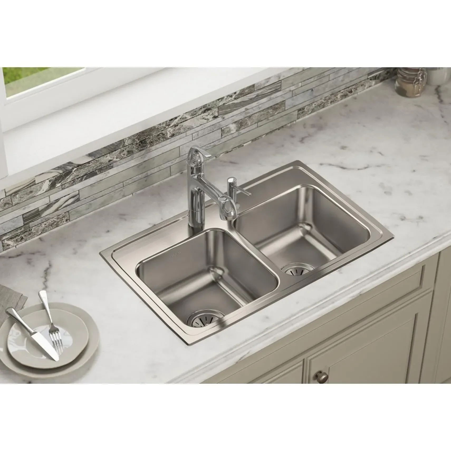 Elkay Lustertone Classic 29" Drop In/Topmount Stainless Steel Kitchen Sink, 50/50 Double Bowl, Lustrous Satin, 5 Faucet Holes, LR29185