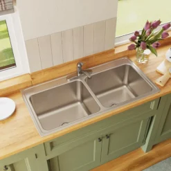 Elkay Lustertone Classic 43" Drop In/Topmount Stainless Steel Kitchen Sink, 50/50 Double Bowl, Lustrous Satin, 1 Faucet Hole, DLR4322121