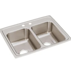 Elkay Lustertone Classic 25" Drop In/Topmount Stainless Steel Kitchen Sink, 50/50 Double Bowl, 2 Faucet Holes, LRQ25192