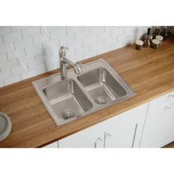 Elkay Lustertone Classic 25" Drop In/Topmount Stainless Steel Kitchen Sink, 50/50 Double Bowl, 2 Faucet Holes, LRQ25192