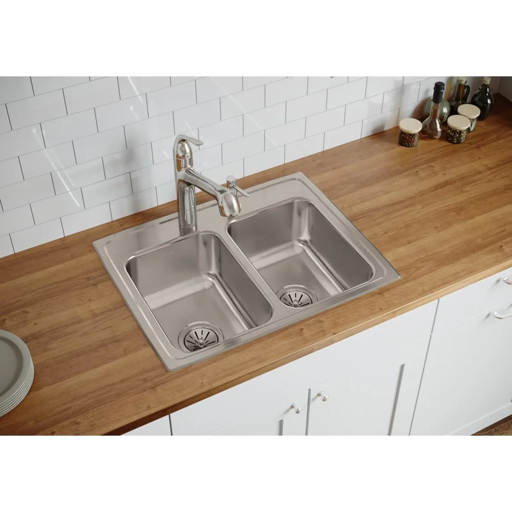 Elkay Lustertone Classic 25" Drop In/Topmount Stainless Steel Kitchen Sink, 50/50 Double Bowl, 2 Faucet Holes, LRQ25192