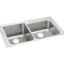 Elkay Lustertone Classic 37" Drop In/Topmount Stainless Steel Kitchen Sink, Double Bowl, Lustrous Satin, 1 Faucet Hole, LGR37221