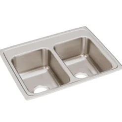 Elkay Lustertone Classic 25" Drop In/Topmount Stainless Steel Kitchen Sink, 50/50 Double Bowl, Lustrous Satin, No Faucet Hole, LR25190