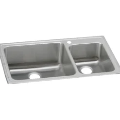 Elkay Lustertone Classic 37" Drop In/Topmount Stainless Steel Kitchen Sink, 60/40 Double Bowl, Lustrous Satin, 1 Faucet Hole, LFGR37221