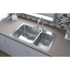 Elkay Lustertone Classic 37" Drop In/Topmount Stainless Steel Kitchen Sink, 60/40 Double Bowl, Lustrous Satin, 1 Faucet Hole, LFGR37221