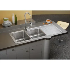Elkay Lustertone Classic 54" Drop In/Topmount Stainless Steel Kitchen Sink, 60/40 Double Bowl, Lustrous Satin, 18 Gauge, Includes Drainboard, ILGR5422L0