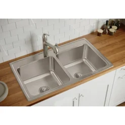 Elkay Lustertone Classic 37" Drop In/Topmount Stainless Steel Kitchen Sink, 50/50 Double Bowl, Lustrous Satin, MR2 Faucet Holes, DLR372210MR2